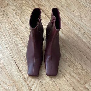 STAUD Burgundy Square-Toe Leather Ankle Boots